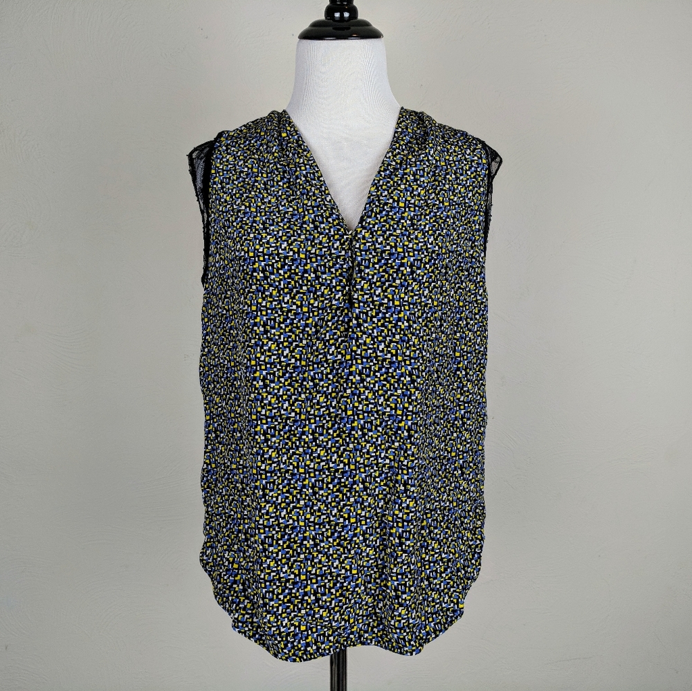 Sandro Paris Top Silk Blouse Geometric Pixel Print Luxury Designer Blue Black